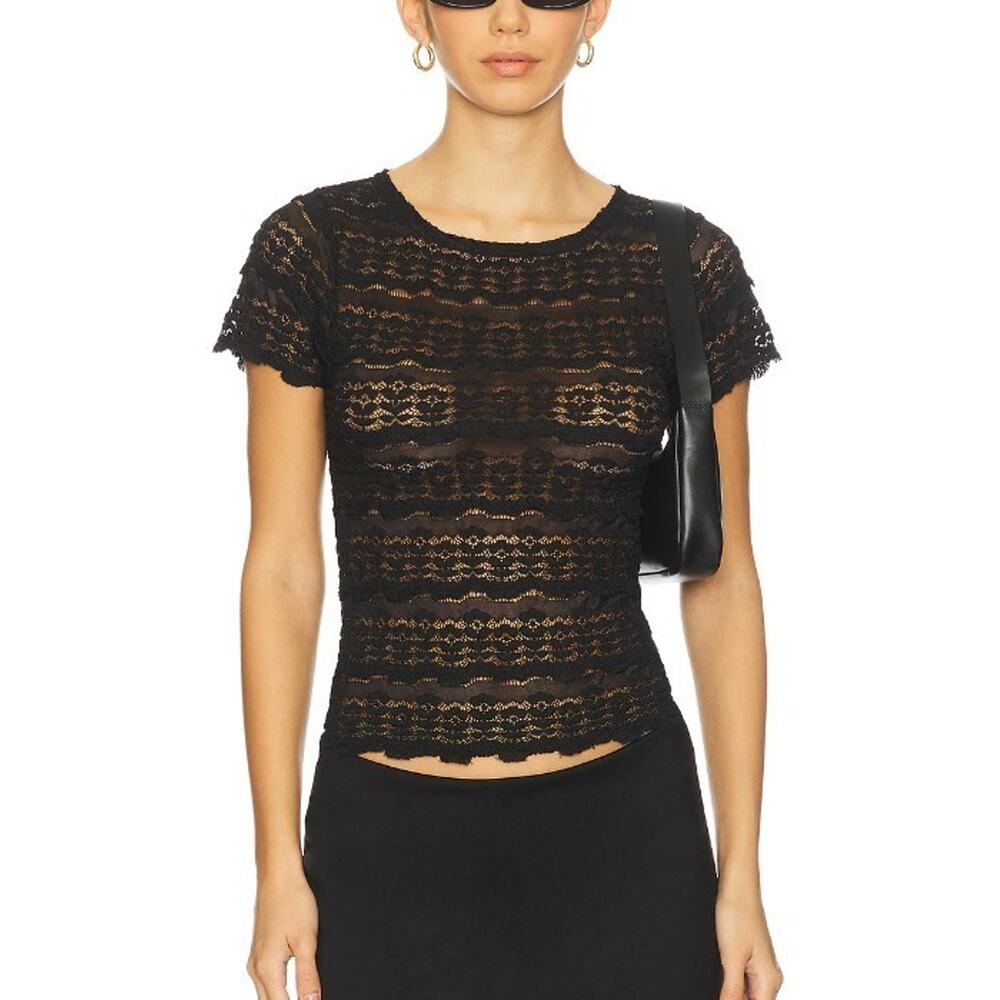 Free People Black Lace Short Sleeve Top